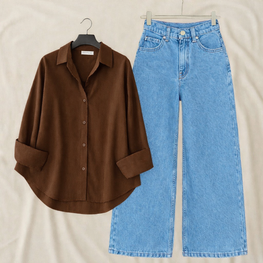 Pack of 2 Brown Button down With sky  wide leg jeans