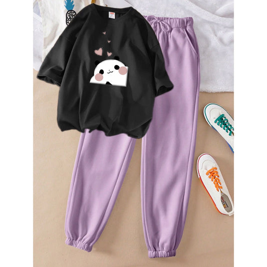 Panda Cat Black Lilac Trouser Summer Tacksuit