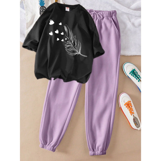 Feather Leaf Black Lilac Trouser Summer Tracksuit