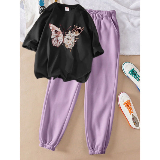 White Butterfly Black Lilac trouser Summer Tracksuit