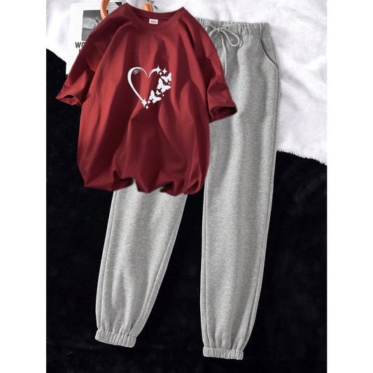 Butterfly heart Maroon Grey Summer Tracksuit