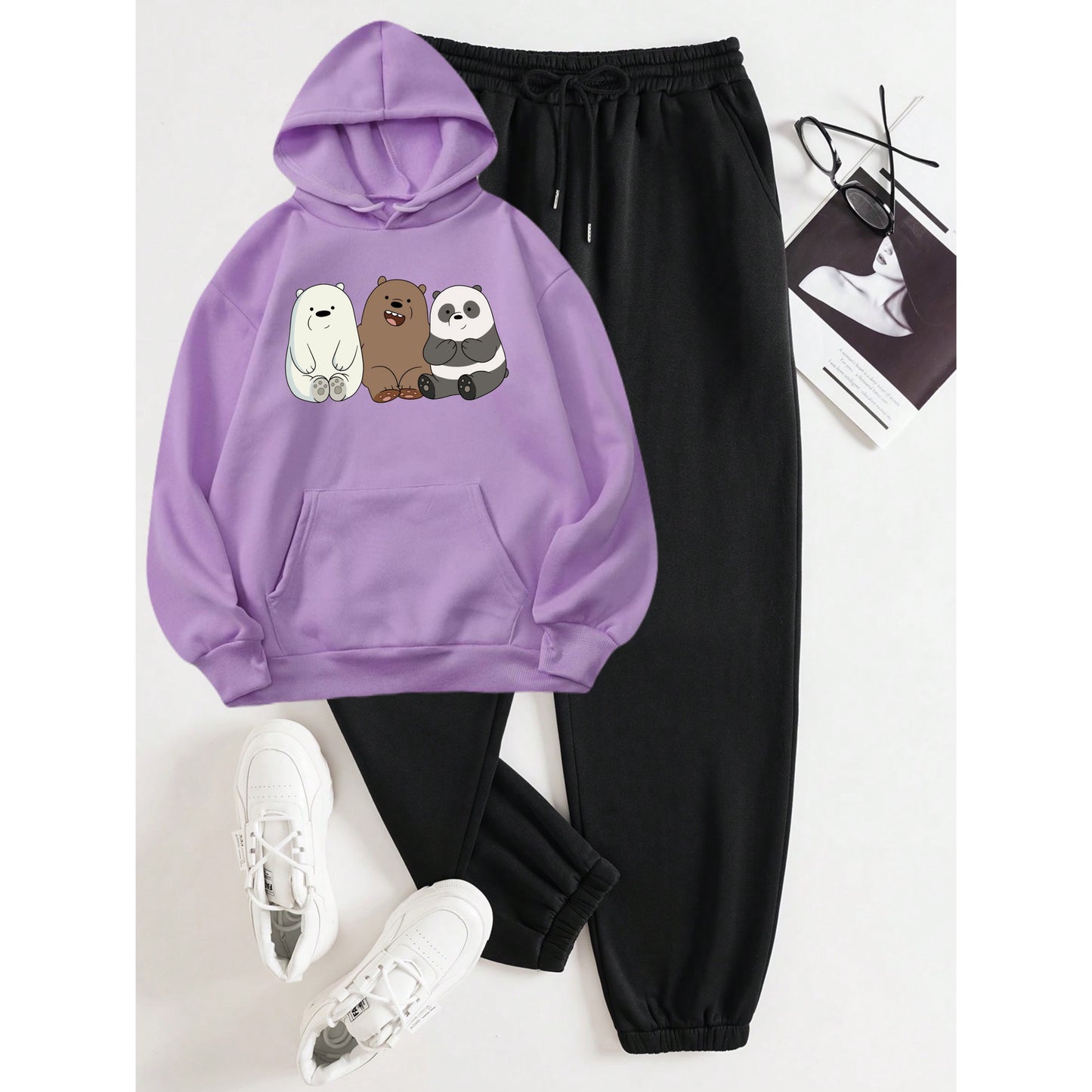 3 bear Lilac Hoodie Black Trouser